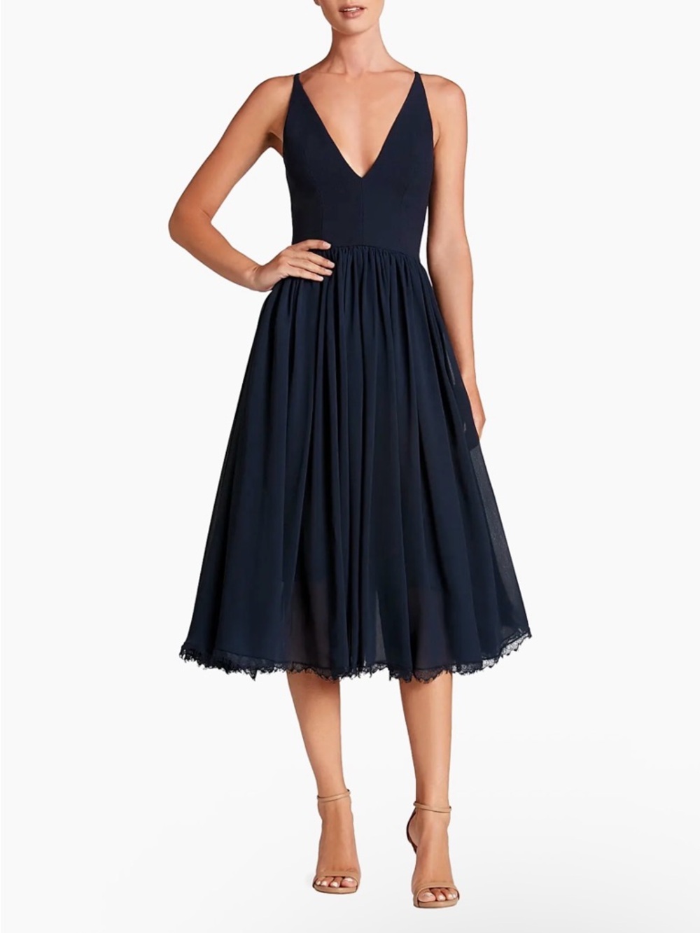 Dress the Population XS Alicia Chiffon Fit & Flare Dress Navy